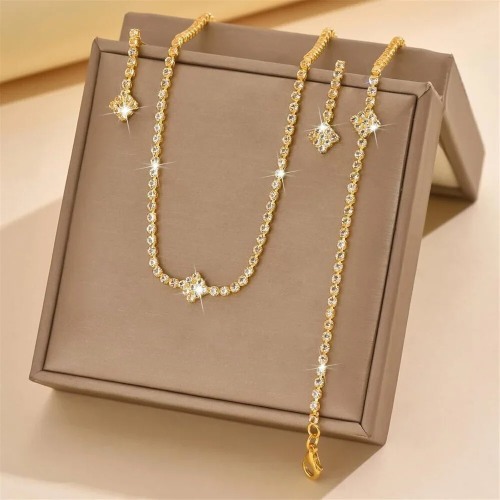 Bridal Jewelry Set Women Crystal Necklace Earrings Bracelet Formal Occasions